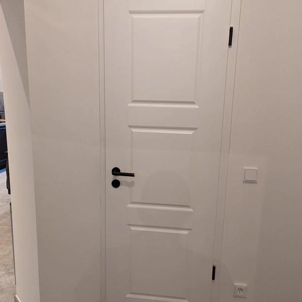 Klassische weiße Innentür mit Kassettenoptik und schwarzer Türklinke im Flur.